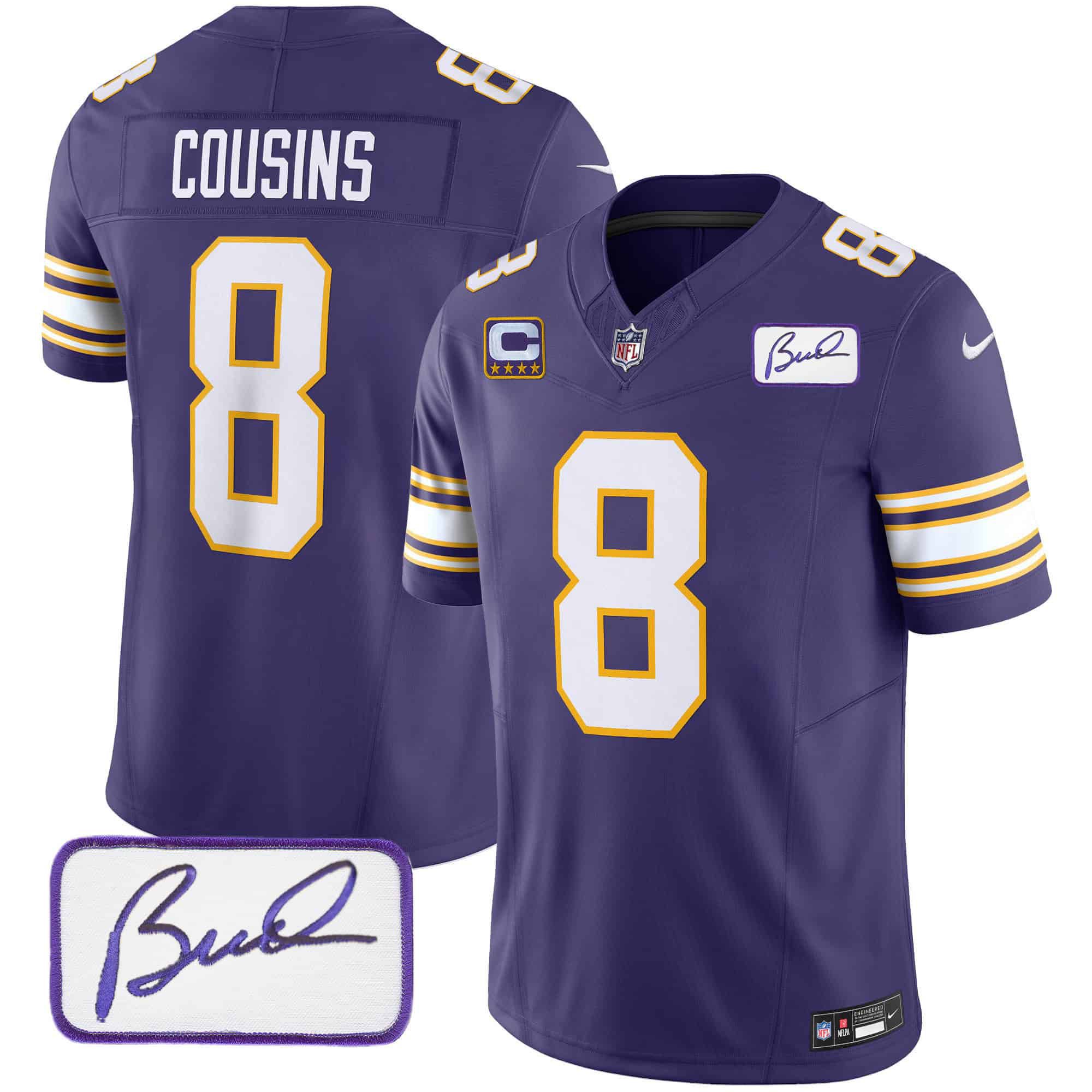 Men Minnesota Vikings #8 Cousins Purple 2024 Nike Bud Grant Patch Classic Limited NFL Jersey style 1